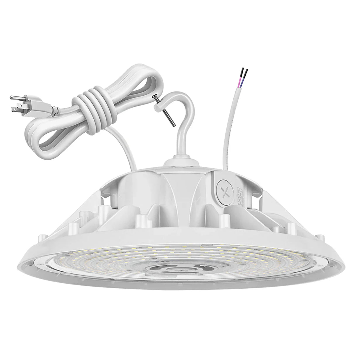 White UFO LED high bay light with power cord, hook mount, and visible LED lens for warehouse lighting
