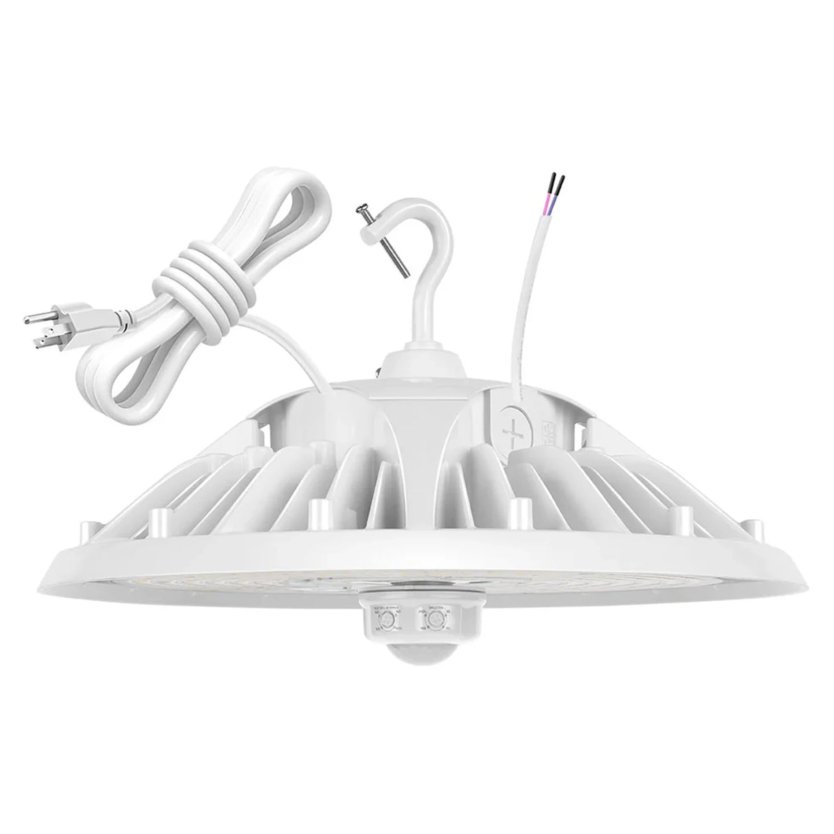 White UFO LED high bay light with hanging hook, power cord, and motion sensor wiring shown on white background