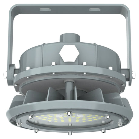 Round explosion proof UFO LED high bay light with handle mount and heat sink fins for hazardous locations