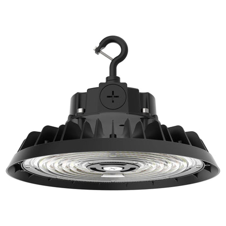Black UFO LED high bay light with hook mount for warehouses factories and large commercial spaces