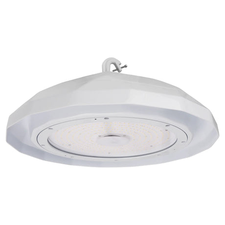 White UFO LED high bay light fixture for warehouses, factories, and large commercial spaces