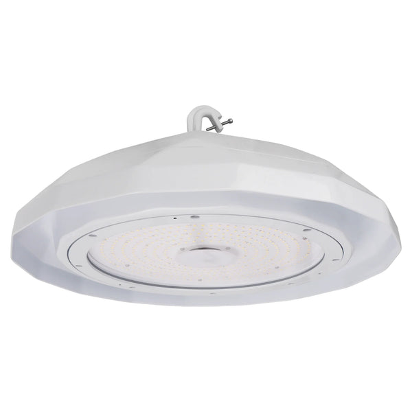 White UFO LED high bay light fixture for warehouses, factories, and large commercial spaces