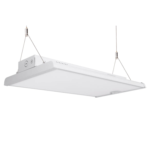 White LED linear high bay light with cable mount for warehouses distribution centers gymnasiums and large retail spaces