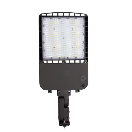 Black shoebox LED area light with slip fitter mount for parking lots roadways and commercial outdoor spaces