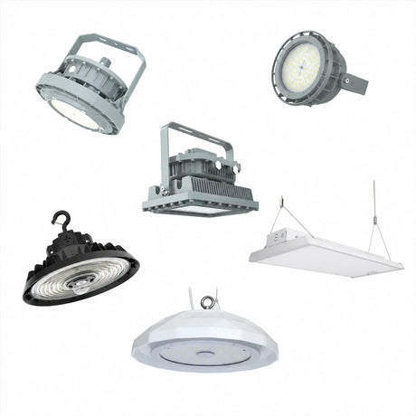 Commercial LED lights – UFO high bay, explosion proof, flood, and linear high bay fixtures on white background