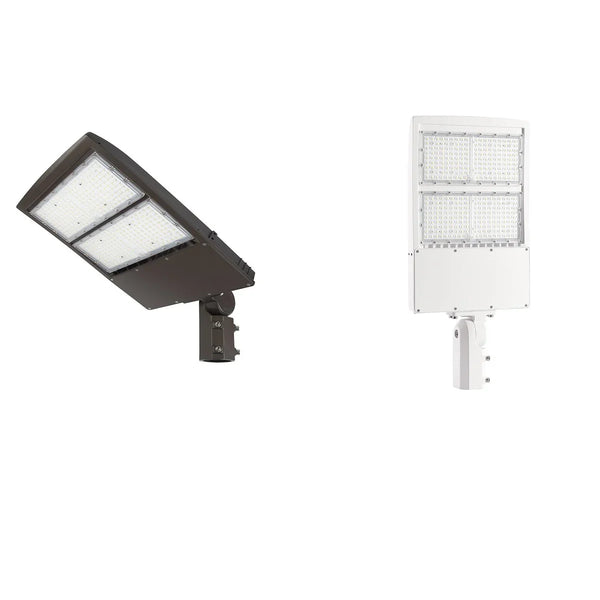 Black shoebox and modular LED parking lot lights with pole mount for commercial outdoor parking areas