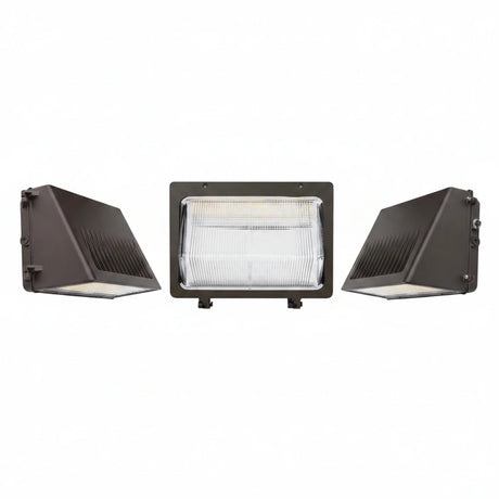 Dark bronze LED wall pack lights – slim ribbed and large prismatic lens models for commercial outdoor lighting