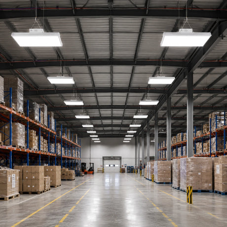 1.2FT LED linear high bay 130W illuminating wide warehouse aisle with blue pallet racks and loading dock, 20150lm DLC Premium