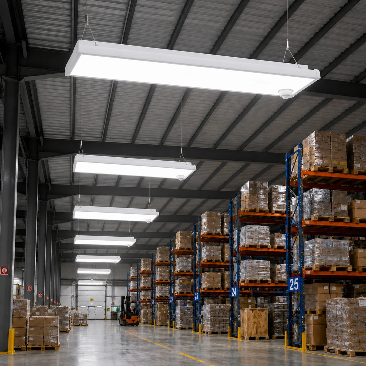 1.2FT LED linear high bay 155W illuminating numbered warehouse racks with pallets and forklift, 23250lm DLC 5.1 Premium