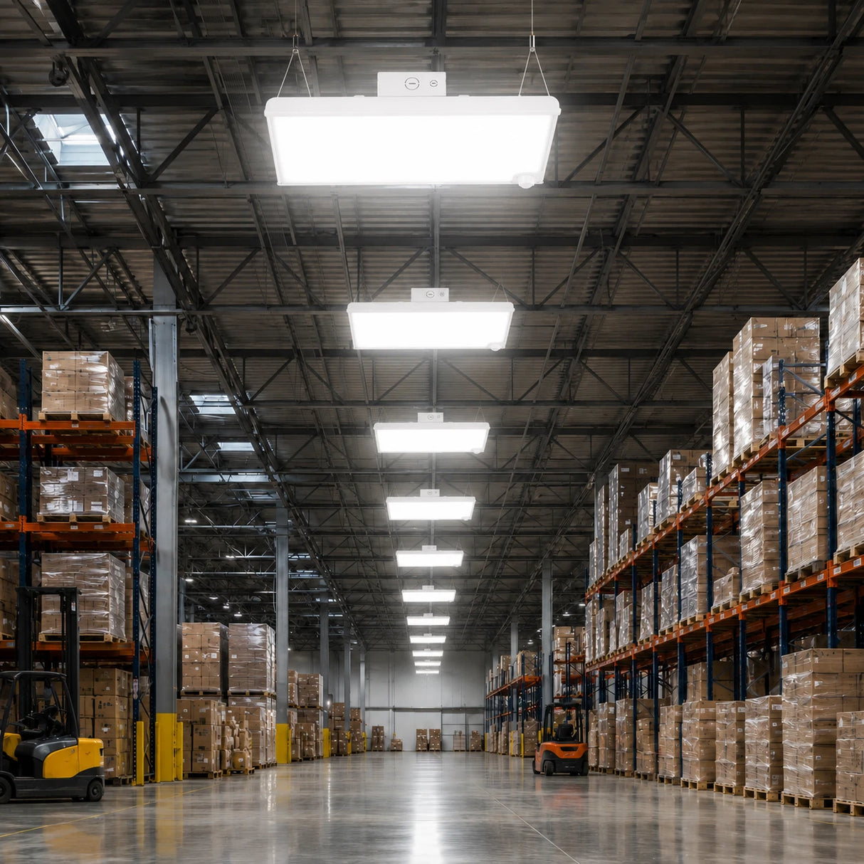 1.2FT LED linear high bay 210W illuminating warehouse with pallet racks and forklifts, 31500lm DLC 5.1 Premium