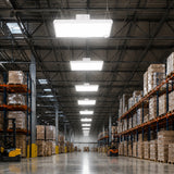 1.2FT LED linear high bay 210W illuminating warehouse with pallet racks and forklifts, 31500lm DLC 5.1 Premium
