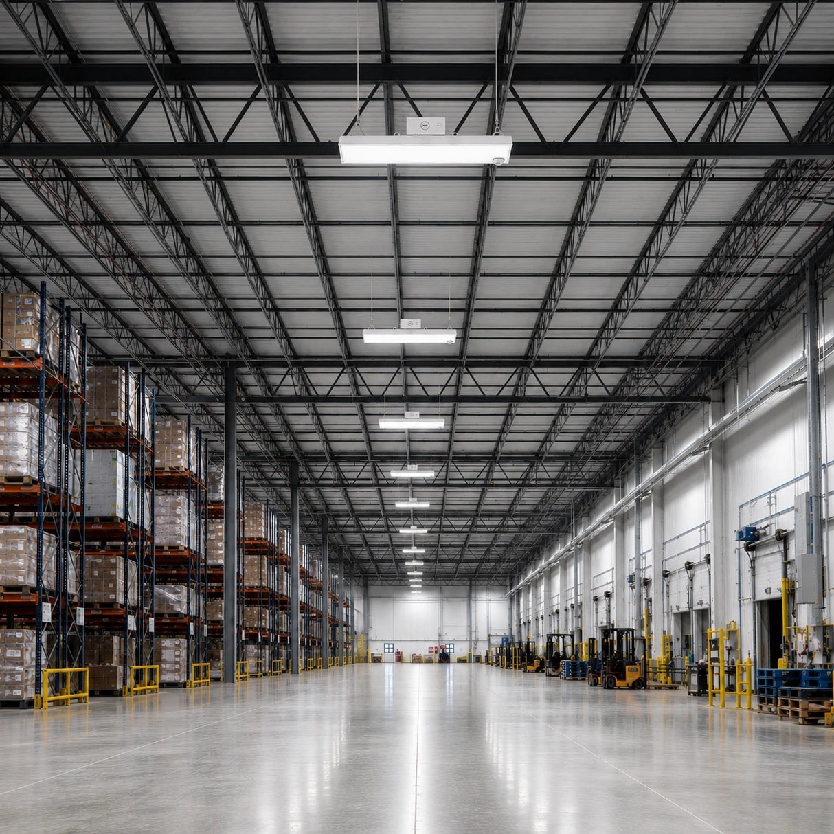 1.7FT LED linear high bay 310W illuminating industrial warehouse aisle with pallet racks and forklifts, 46500lm