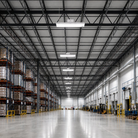 1.7FT LED linear high bay 310W illuminating industrial warehouse aisle with pallet racks and forklifts, 46500lm