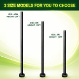 Three black round steel light poles shown in 20, 15, and 10 foot heights with 3-inch OD labels