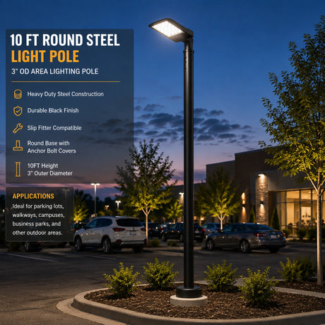 Black 10 ft round steel light pole with 3-inch OD for parking lot and area lighting