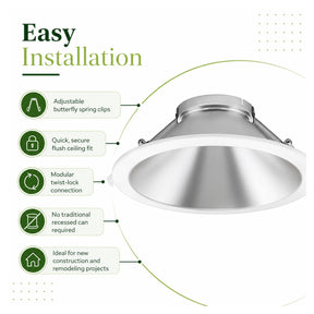 Round silver LED downlight trim with easy-install features, spring clips, and twist-lock connection