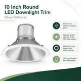 10 inch round LED downlight trim with matte silver reflector and white trim ring