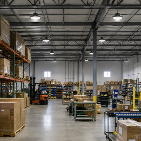 100-150W selectable 23,100lm 4000K-5000K UFO LED high bay lights illuminate a warehouse with racks.