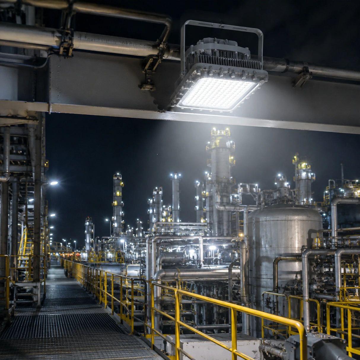 100W C1D1 square LED explosion proof flood light delivering 14,000 lumens of 5000K illumination in a refinery walkway.