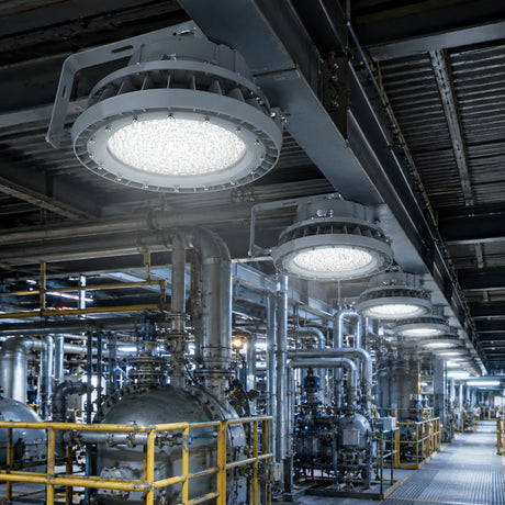 Row of 100W C1D2 LED high bay lights delivering 13,500 lumens of 5000K illumination in an industrial corridor.
