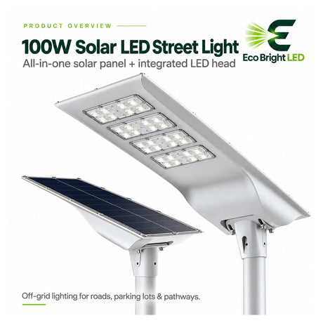 100W 5700K solar LED street light with integrated panel and silver fixture for roads, parking lots, and pathways