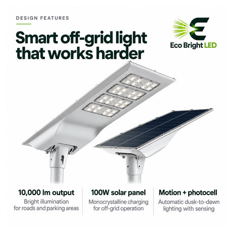 100W 5700K solar LED street light shown from front and rear with LED panels, solar panel, motion sensor, and photocell