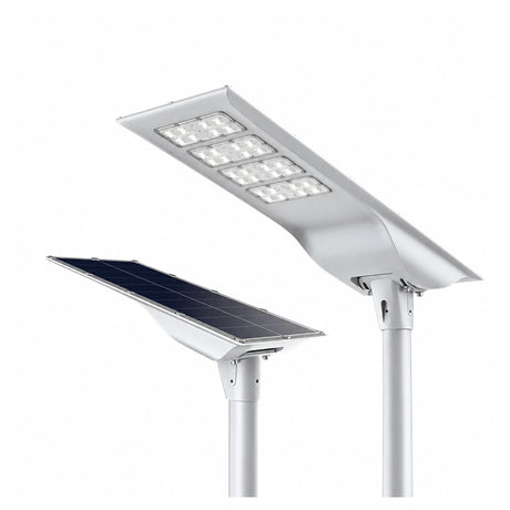 100W 5700K solar LED street light with solar panel, multi-lens lamp, and pole mount for roads and parking lots