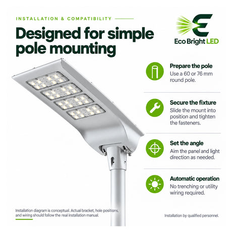 100W 5700K solar LED street light with pole mount, angle adjustment, and installation steps for roads and parking lots