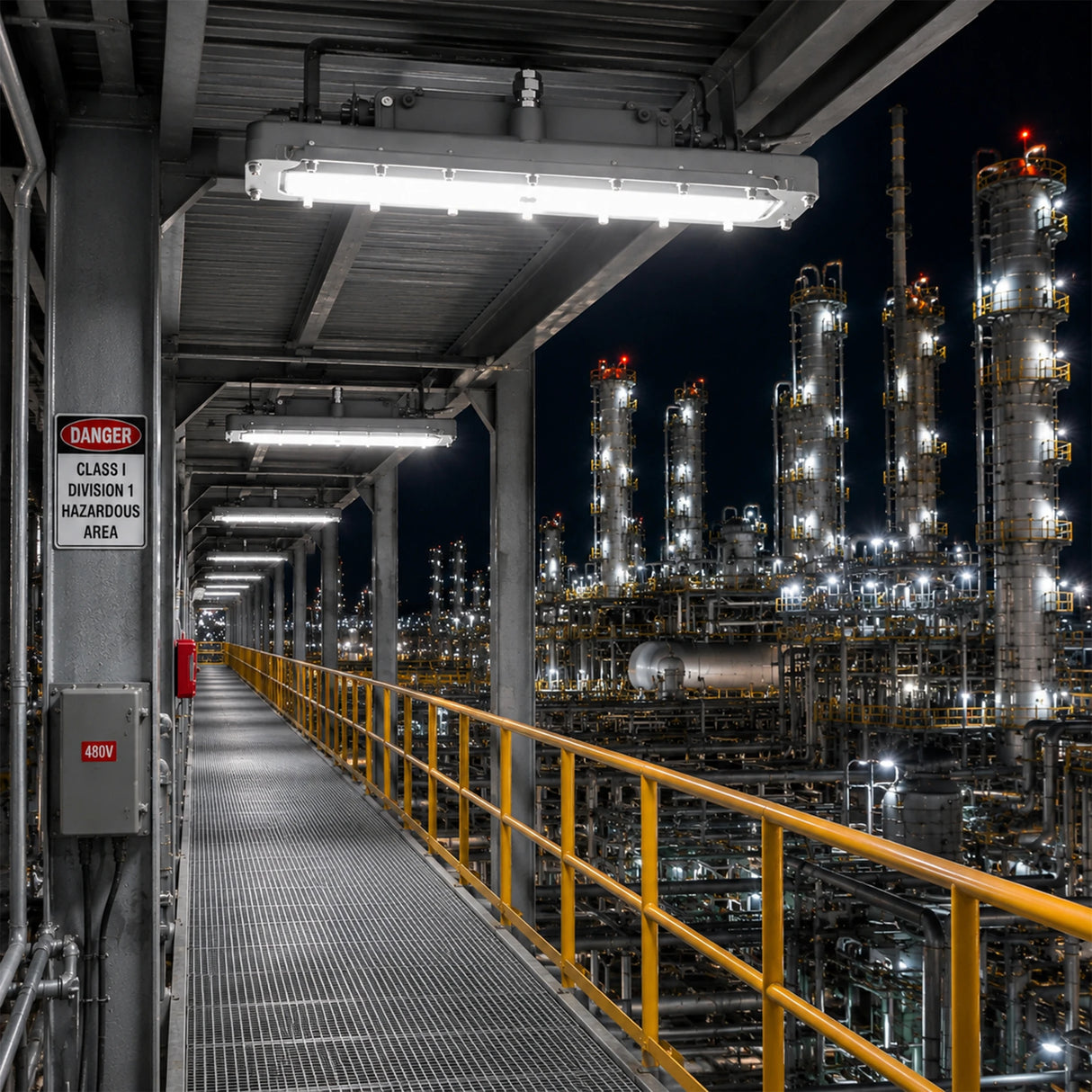 100W C1D1 explosion proof linear light illuminating a refinery catwalk with 5000K daylight.