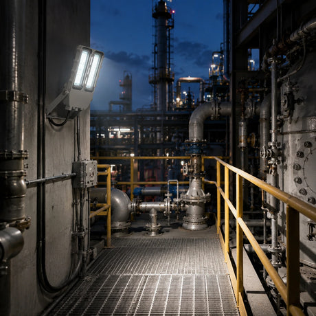 100W explosion proof flood light illuminating a refinery platform walkway with 5000K light at dusk.