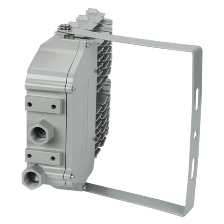 Side profile of 100W C1D2 explosion proof LED flood light with an adjustable heavy-duty U-bracket for installation.