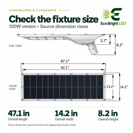 100W solar LED street light dimension diagram showing 47.1-inch length, 14.2-inch width, and 8.2-inch height