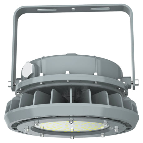 Front view of 80W C1D2 LED round explosion proof high bay with tempered glass lens and 10,800lm output for industrial use.
