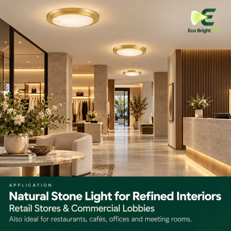12-inch gold alabaster LED ceiling lights illuminating a refined retail lobby with warm low-profile flush mounts