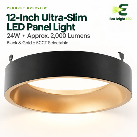 Black and gold 12-inch round ultra-slim LED panel light with glowing lens and 5CCT selectable design