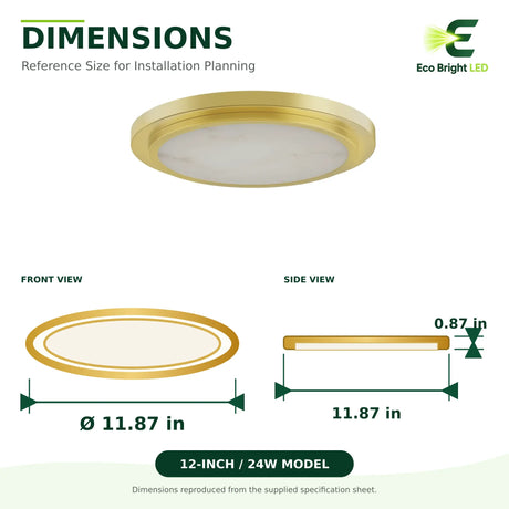 Gold alabaster LED ceiling light dimensions with 11.87 in diameter and 0.87 in side profile