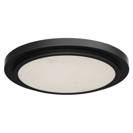 Black 12-inch round flush mount ceiling light with an alabaster diffuser for retail spaces