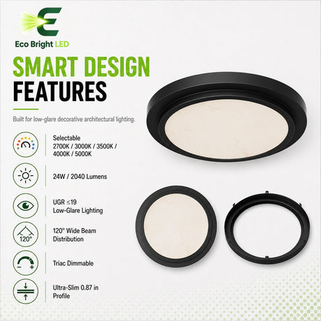 Key performance and design features of 12 Inch Black Alabaster LED Ceiling Light for for commercial lighting projects.