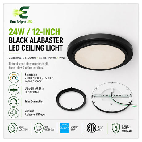12 Inch Black Alabaster LED Ceiling Light product overview with key specifications for commercial lighting applications.