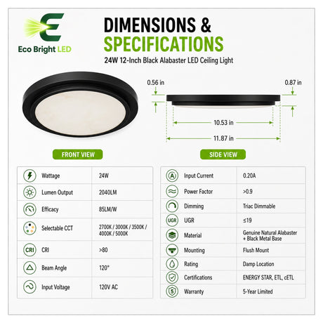 Dimensions and specifications for 12 Inch Black Alabaster LED Ceiling, including measurements and performance data.