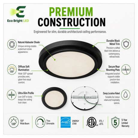 Housing, lens and construction details of 12 Inch Black Alabaster LED Ceiling Light for for durable commercial use.