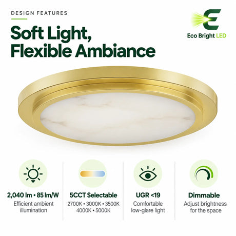 Gold alabaster LED ceiling light with soft ambiance, 5CCT selectable color, low-glare design, and dimming