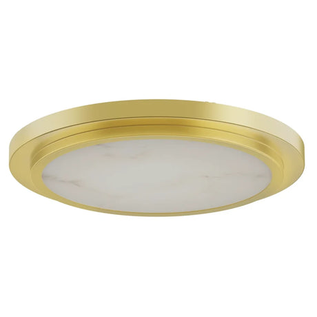 12-inch gold flush mount ceiling light with alabaster-style round diffuser for retail or office spaces