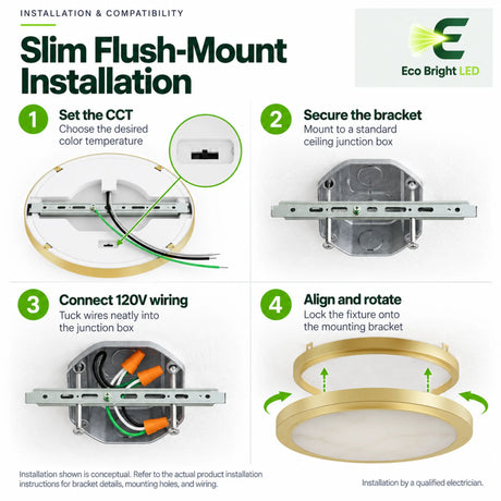 Installation guide for a 12 inch gold alabaster LED flush mount ceiling light with CCT switch and bracket