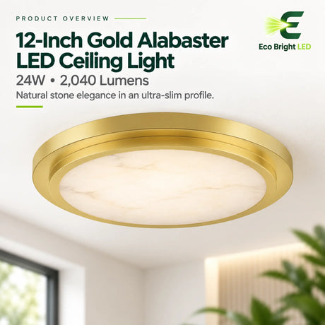12-inch gold alabaster LED ceiling light with ultra-slim round flush mount design and natural stone diffuser