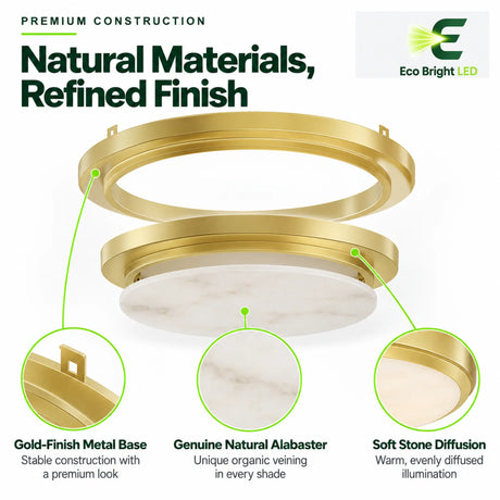12-inch gold alabaster LED ceiling light with gold-finish metal base and soft stone diffusion