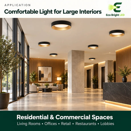 Round 12 inch LED panel lights installed in a large lobby for comfortable residential and commercial lighting