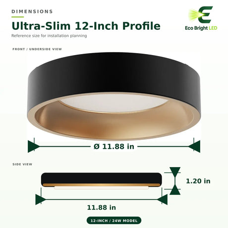 Dimension diagram for ultra-slim 12-inch round LED panel light showing 11.88-inch diameter and 1.20-inch profile