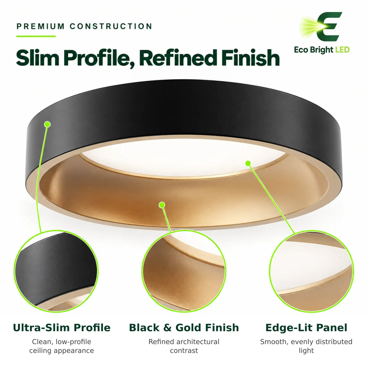 12 inch ultra-slim round LED panel light with black and gold finish and smooth edge-lit diffuser