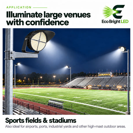 Adjustable LED stadium light illuminating a football field and outdoor sports venue at night
